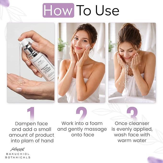 Bakuchiol Botanicals Skin Cleanser & Toner - pH Balanced - Effortlessly Removes Makeup - Gentle On Sensitive Skin - Brightens & Evens Skin Tone - Firms, Tightens & Hydrates - Spa Quality - 3.4oz
