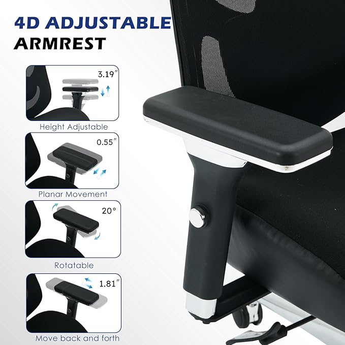 BOSMILLER 700lbs Big and Tall Office Chair with Wide Thick Seat Cushion for Sitting All Day,Ergonomic Mesh Desk Chair with Adjustable Lumbar Support and Headrest for Heavy People,4D Armrests