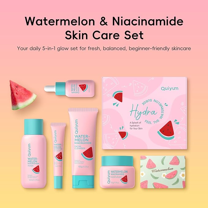 Watermelon Niacinamide Skin Care Set, Routine Beauty Skin Care for Teens- Gift Set with Cleanser, Toner, Eye Cream, Cream, Serum, Facial Juicy Glow Up Set for Women, Girls, for All Skin Types