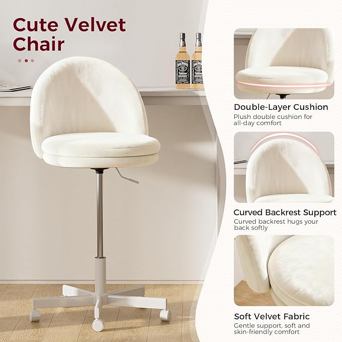 GTPLAYER Velvet Tall Office Chair with Wheels Vanity Chairs with Back, Versatile Height Use: Office to Bar Stools Small Ergonomic Comfy Armlees Computer Desk Chair with Bow Lumbar Pillow for Gift