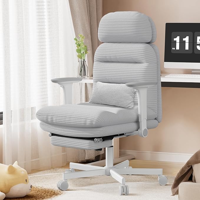 Criss Cross Chair with Wheels & Flip-up Arms, Executive Office Chair with Foot Rest, Swivel Cross Legged Office Chair with Lumbar Pillow, Corduroy Comfy Computer Desk Chair for Home, Grey