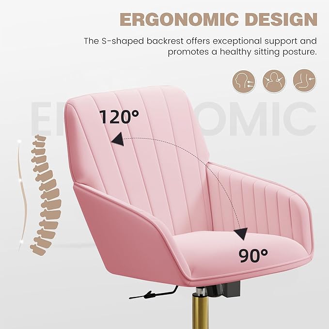 YITAI Velvet Office Desk Armchairs with Gold Base and Wheels,Modern Height Adjustable 360 Degree Swivel Upholstered Vanity Chairs for Living/Room Bedroom/Study,Pink