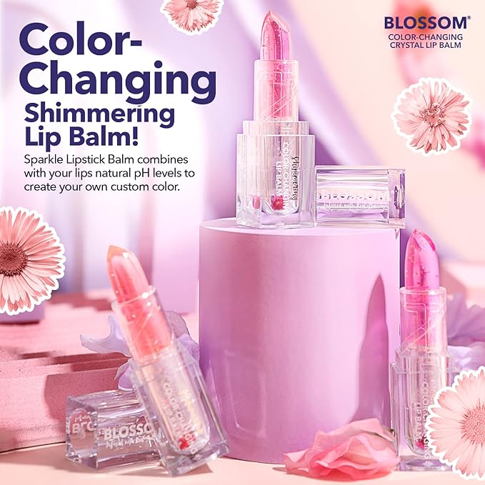 Blossom Lip Gloss Moisturizing pH Lip Balm, Strawberry Scented Color Changing Shimmering Lip Stain Tint, Infused with Real Flowers, 3g, Crystal