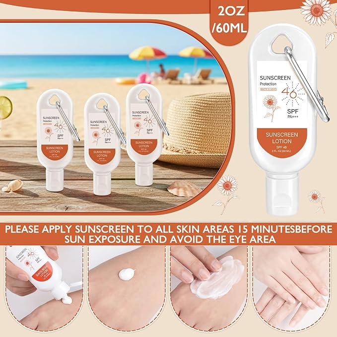 Leelosp 6 Pcs SPF 46 Mini Sunscreen with Carabiner Multi-pack Travel Water Resistant Sunscreen for Women Mother's Day Gift Summer Beach Trip Supplies Wedding Bridal Shower Thank Guest Gift (2oz)