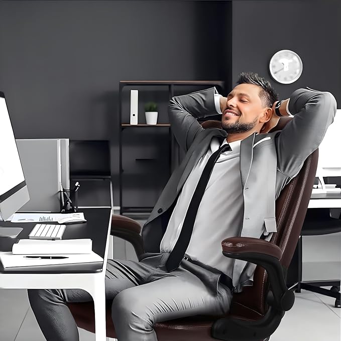 VITESSE Ergonomic Office Chair with Flip-up Armrests, Big and Tall Leather Executive Office Chair, High Back Lumbar Support Home Computer Desk Chair, Heavy and Duty Computer Chair (Brown)
