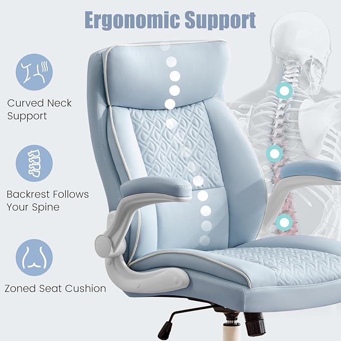 Executive Office Chair with High Back, Computer Desk Chair with Lumbar Support,Comfortable Leather Home Office Chairs 400lbs with Padded Flip-up Armrests, Adjustable Height,Tilting, LightBlue
