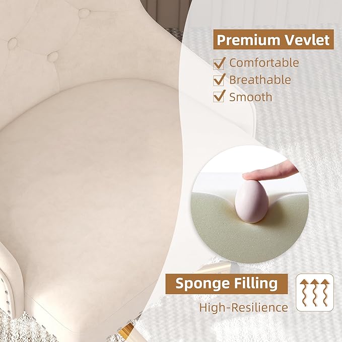 Westice Velvet Desk Chairs, Upholstered Swivel Comfy Makeup Vanity Chair with Tufted Back, Gold Metal Base & Wheels, Height Adjustable Chair for Girls, Bedroom Living Room, Beige
