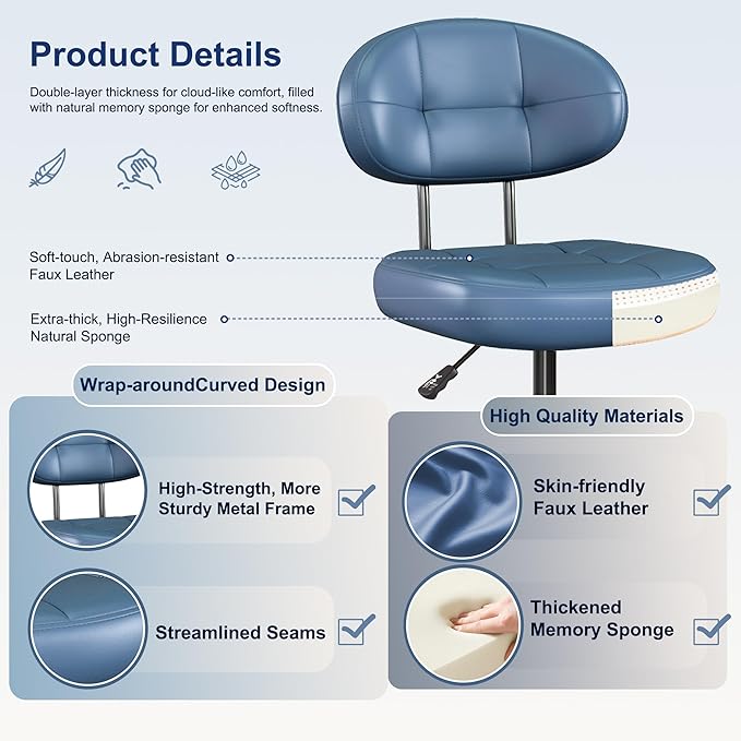 Misolant Vanity Chair with Back, Small Armless Cute Office Chair with Wheels and Lumbar Support, Comfy PU Leather Desk Computer Chairs with Adjustable Height, 360°Swivel for Home Bedroom, Navy Blue