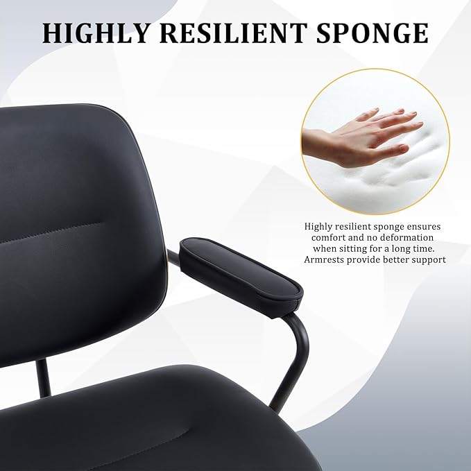 Mid Century Walnut Office Chair with Arms, Adjustable Swivel Desk Chair, Leather Computer Chair with Rolling Wheels for Home Office or Study Room, Black