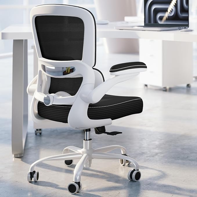 TRALT Ergonomic Office Chair - Desk Chair with Adjustable Lumbar Support Computer Chair - Mesh Comfy Chair with Flip-up Armrests - Gaming Chairs for Adults Home Office (PU Leather, Black White)