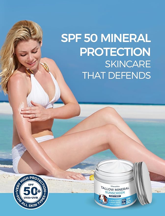 Organic Beef Tallow Sunscreen-SPF 50 with Zinc Oxide,Non-Toxic 2-in-1 Moisturizer & Mineral Sunblock | Reef Safe, Chemical-Free,Lightweight, Clean Formula for Sensitive Skin Natural Sunscreen.