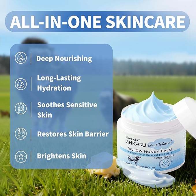 Copper Peptides GHK-Cu Whipped Beef Tallow for Skin, Grass Fed Beef Tallow and Honey Balm for Face & Body, with Methylene Blue Anti-Aging Moisturizer, Suitable for All Skin Types, 2 Oz