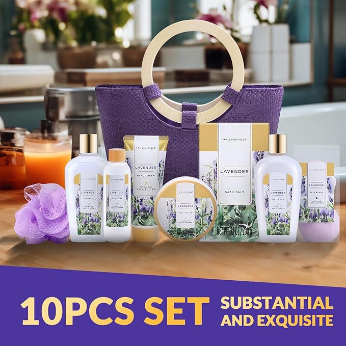 Spa Luxetique Gift Baskets for Women, Spa Gifts for Women - 10pcs Lavender Bath and Body Sets with Body Lotion, Bubble Bath, Relaxing Spa Sets, Birthday Mothers Day Gifts for Mom