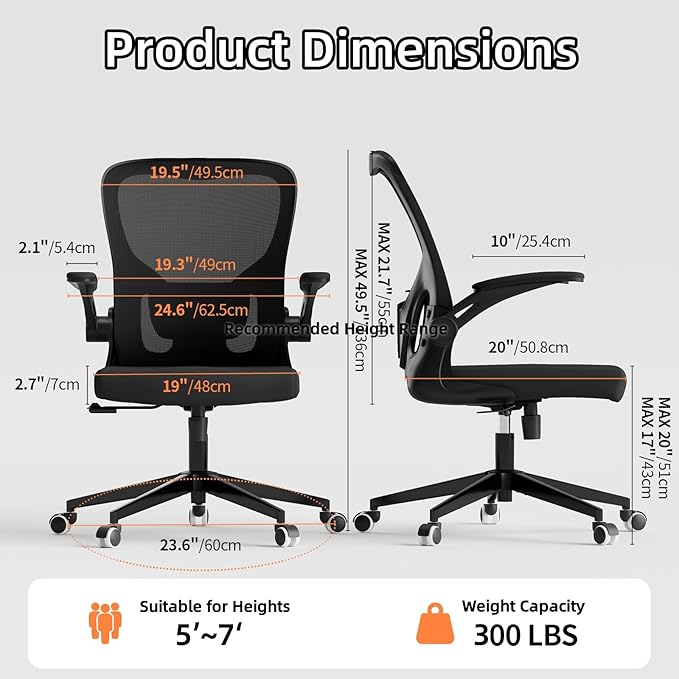 Ergonomic Office Chair, High-Back Mesh Computer Desk Chair with Adjustable Height, Lumbar Support, Flip-Up Armrests,headrest，and Swivel Rolling Design for Home and Office Use