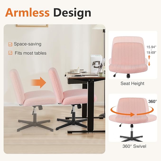 Sweetcrispy Criss Cross Chair Legged, Armless Office Swivel Desk Chair No Wheels, Vanity Height Adjustable Wide Seat Comfy Cute Computer Task Seating for Home Bedroom