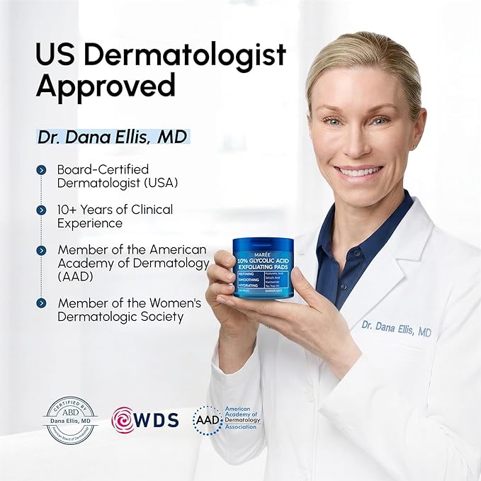 MAREE Glycolic Acid Resurfacing Pads - Toner Pads for Face Cleansing - Exfoliating Pad with Tea Tree Oil, Salicylic Acid & Vitamins E, B3, B5 - Facial Device for Pore Resurfacing & Radiance - 50 Count