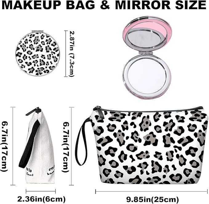 Personalized Small Black and gray leopard print on white background Makeup Bag set with Mirror,Bride Bridesmaid Cosmetic bag with10 pieces brush kit,Birthday Gifts for Women Mom Best Friend