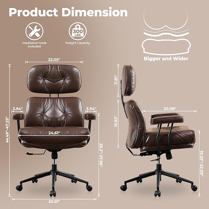 ovios Ergonomic Office Chair, High Back Faux Leather Executive Chairs with Thick Cushion, Comfy Mid-Century Modern Swivel Rolling Computer Armchair (Dark Brown, PU Leather)