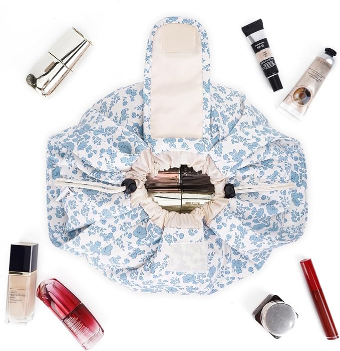 Narwey Lay Flat Open Drawstring Makeup Bag, Large Floral Cosmetic Bag for Women Girls, Cute Make up Bags with Handle, Travel Toiletry Bag for Skincare, Brushes & Travel Essentials (Blue Flower)