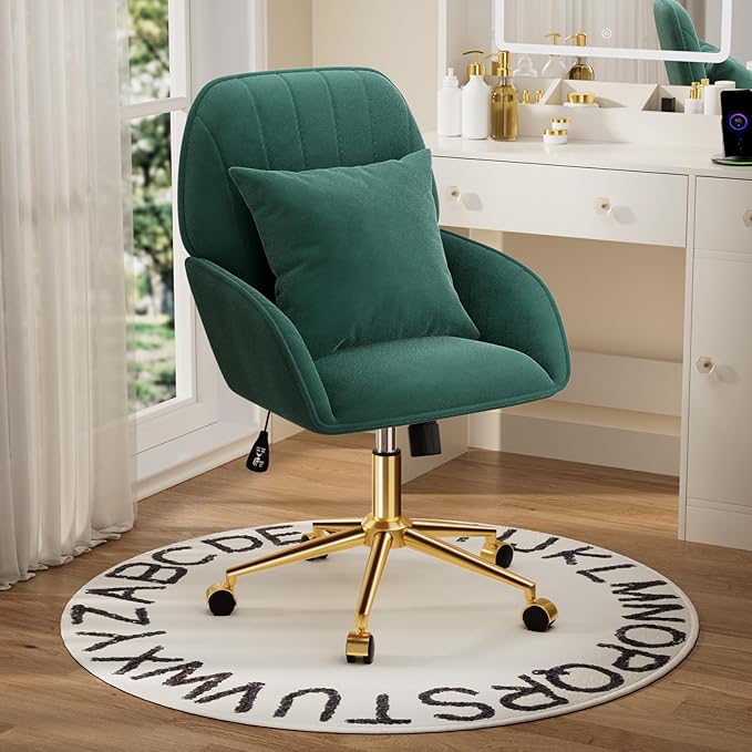 Home Office Desk Chair Comfy with Adjustable Swivel Wheels, Modern Velvet Makeup Vanity Chair with Back & Pillow, Ergonomic Office Chair Computer Task Chair for Living Room, Bedroom, Green