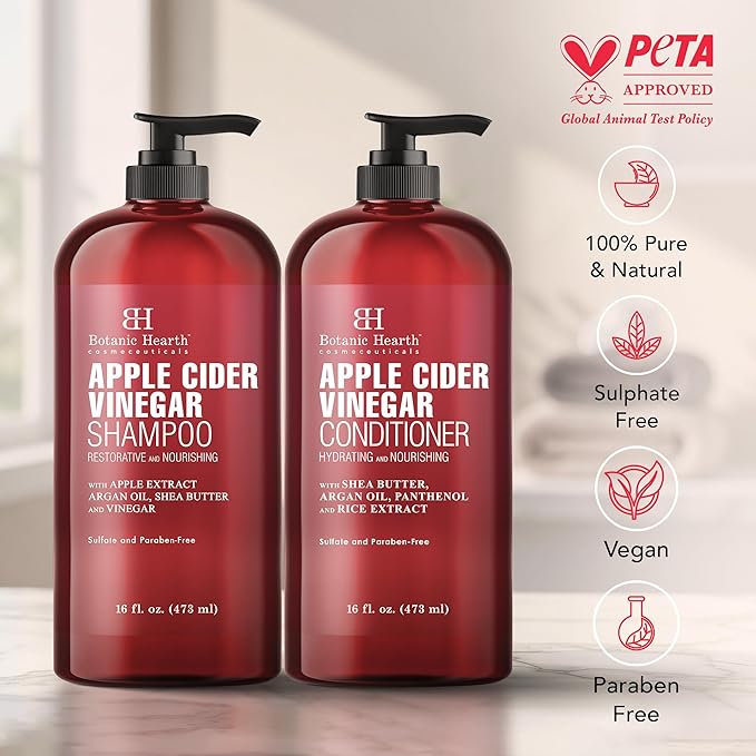 Botanic Hearth Apple Cider Vinegar Shampoo and Conditioner Set | Helps Dry Itchy Scalp, Dandruff, Frizz and Hair Loss | Color Safe, Sulfate Free Shampoo | All Hair Types, Men and Women, 16 fl oz each