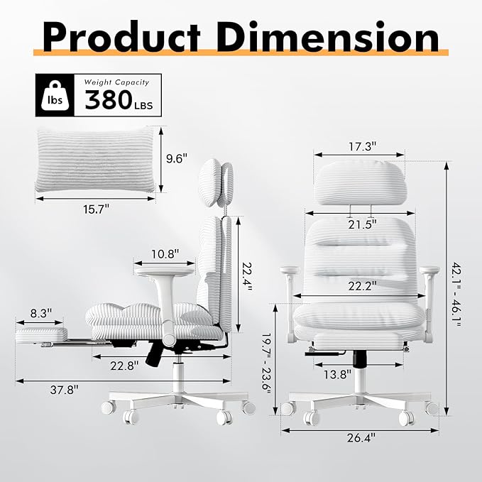 Criss Cross Chair with Wheels & Flip-up Arms, Executive Office Chair with Foot Rest, Swivel Cross Legged Office Chair with Lumbar Pillow, Corduroy Comfy Computer Desk Chair for Home, White