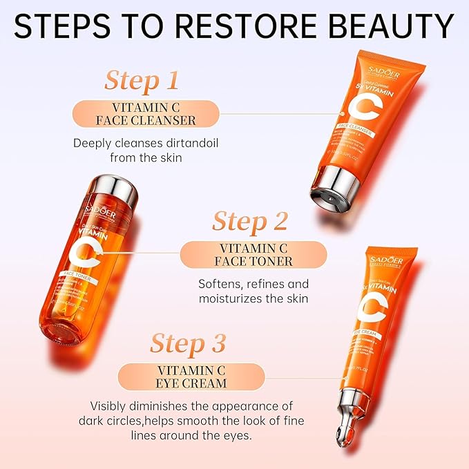 Vitamin C Skincare Set With Cleanser, Toner, Face Serum, Face Cream, Eye Cream And Face Lotion, Facial Skin Care Set For Teenage Girls Travel Size - Vegan, Gluten Free, & Cruelty Free