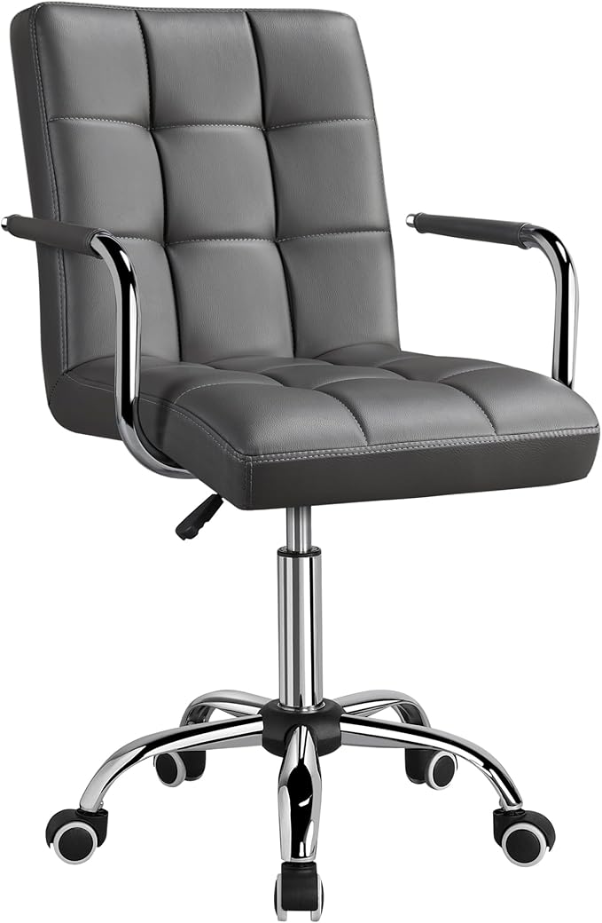 Yaheetech Mid Back Desk Chair, PU Leather Office Task Chair with Armrests/Large Seat, Adjustable Chair with Wheels, Grey