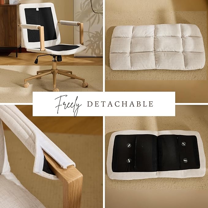 VINGLI Comfy Linen Office Desk Chair with Wheels & Detachable Cushions & Wood-Like Armrests,Swivel Small Computer Task Chair,Adjustable for Girl Makeup Vanity,Teen/Kids Study,Nail Tech,Sewing,White