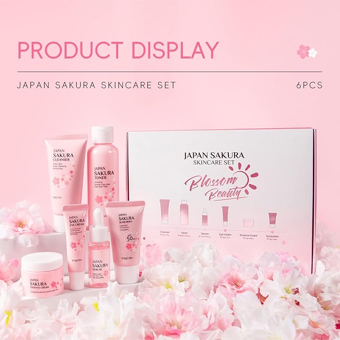 Skin Care Sets for Teenage Girls, Sakura Skin Care Sets & Kits Women Beauty Gift Set with Cleanser, Mud Mask, Toner, Serum, Eye Cream, Facial Cream, and Sunscreen, Birthday Gift for Women and Girls