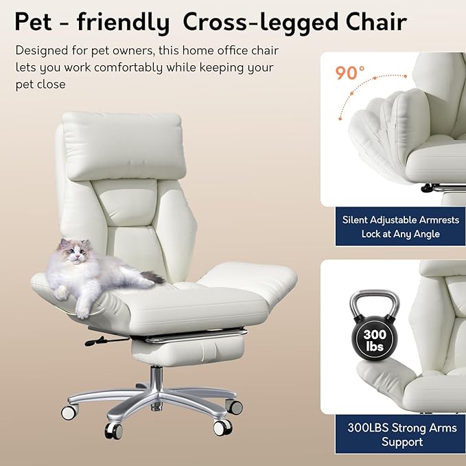 Cross Legged Office Chair with Pets Friendly Arms, Plus Size Criss Cross Desk Chair, Big and Tall Office Chair with Foot Rest, Reversible Armrests & Wide Seat, Cream White