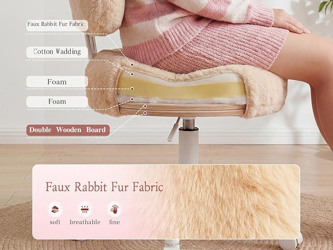Vanity Chair with Wheels, Cute Desk Chair with Bow Backrest, Fluffy Faux Rabbit Fur Small Office Chair for Vanity, Make-up Room, Bedroom, Dorm, Height Adjustable, Orange Pink