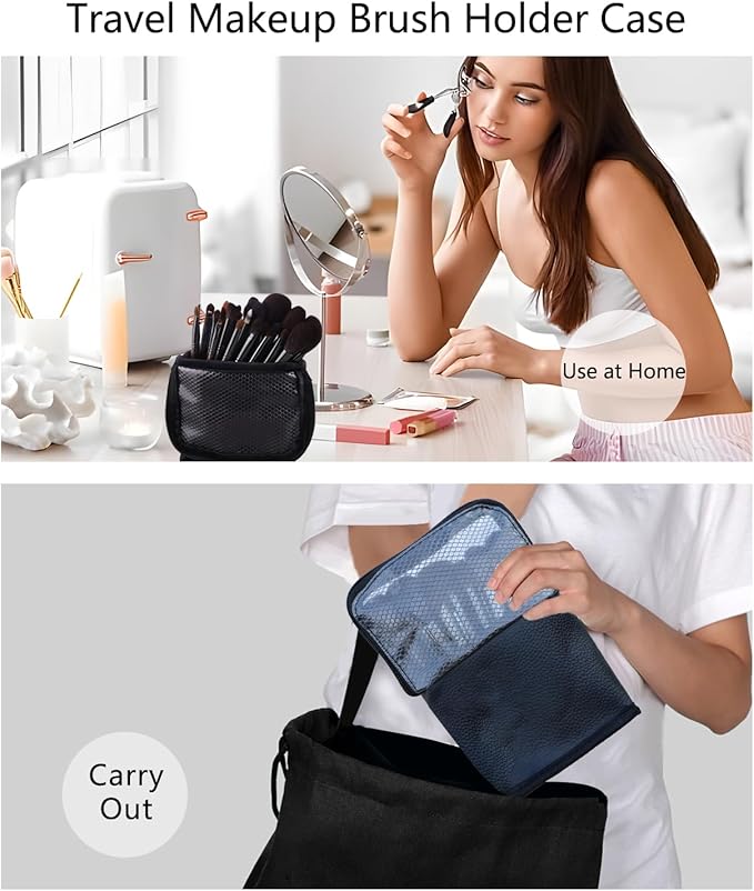 MOND'SUB Makeup Brush Organizer Bag, Makeup Brush Case Travel Makeup Brush Holder Large Professional Cosmetic Bag Artist Storage Bag Essentials Stand-up Foldable Makeup Cup Waterproof （Black, Large）