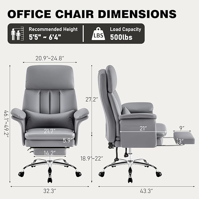 Comfortable Home Office Chair with Footrest 400lbs, Premium PU Leather Office Chair with High Back Adjustable Lumbar Support Double-Layered Armrests,Reclining Chairs,Gray