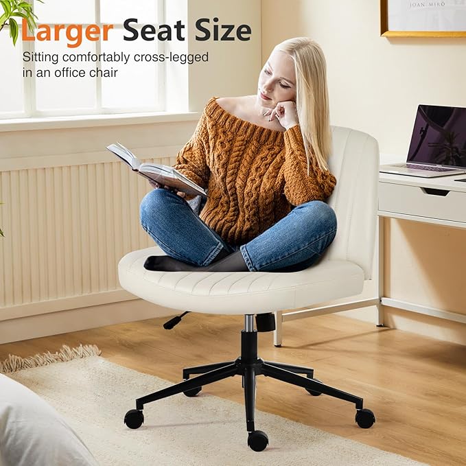 Sweetcrispy Criss Cross Chair Legged, Armless Office Desk Chair with Wheels, PU Leather Swivel Vanity Height Adjustable Wide Seat Computer Task Seating - Beige