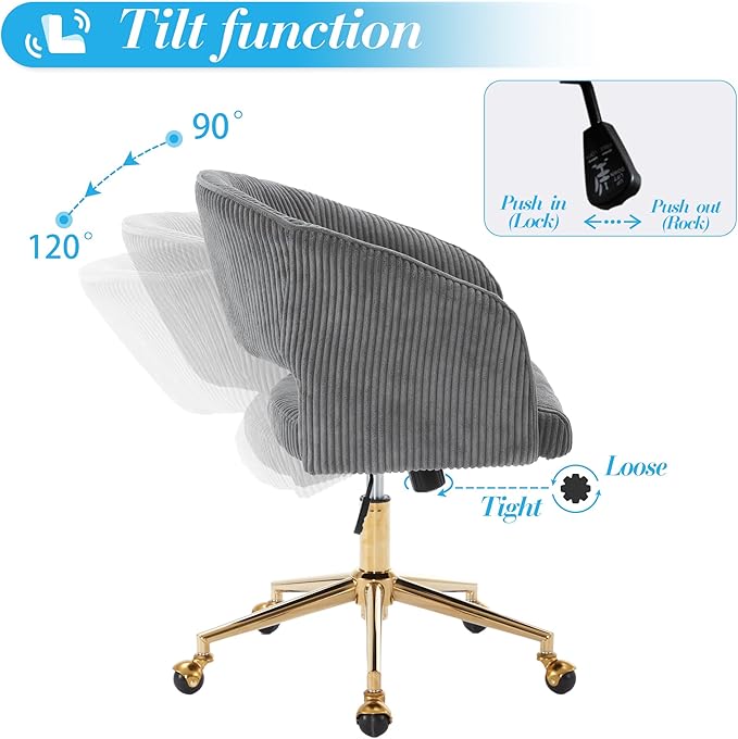 Home Office Chair Swivel Corduroy Fabric Desk Chair Accent Armchair Upholstered Modern Tufted Chairs with Gold Base for Girls Women Ergonomic Study Seat Computer Task Stools for Living Room(Gray)