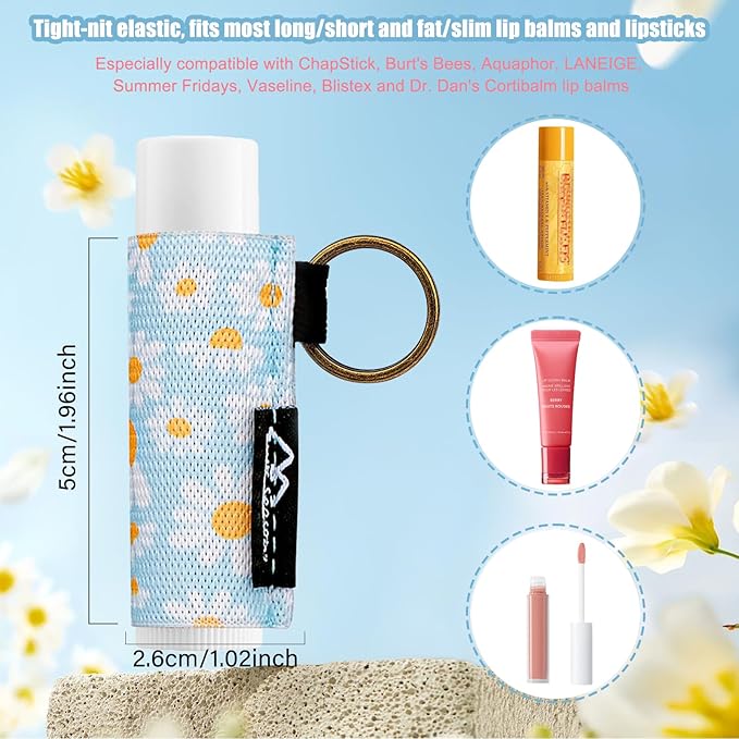 WK IEASON Lip Balm Holder Keychain, Small Christmas Gifts Stocking Stuffers for Teen Girls Women, 3PCS Clip on Lip Gloss Holder Compatible With Chapstick, Burt's Bees Sleeves Elastic Lipstick Holder