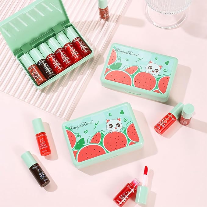 Eakroo 6 Colors Watermelon Lip Stain Set, Korean Velvet Watery Lip Tint Moisturizing Mini Liquid Lip Gloss, Lipstick for Women, Blush for Cheeks, Cute Stuff, Long-Lasting, Vivid Color, High Pigment