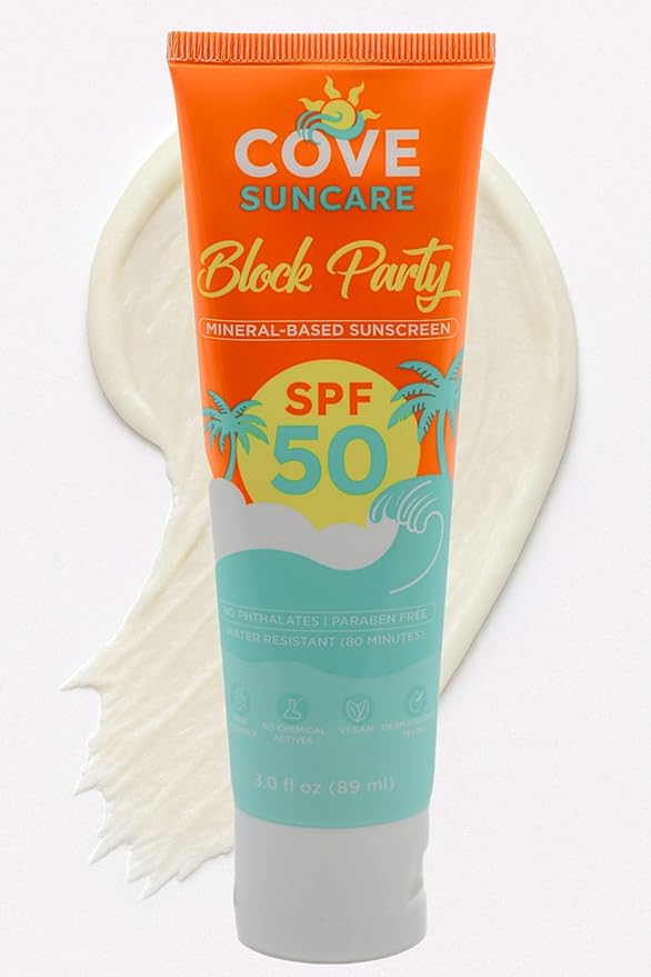 Block Party SPF 50 Mineral Sunscreen Body Lotion, Broad Spectrum UVA UVB Sun Protection, Moisturizing with Aloe Vera, Shea Butter, Avocado & Coconut Oil, Water Resistant 80 Min, Reef Friendly, 3 fl oz
