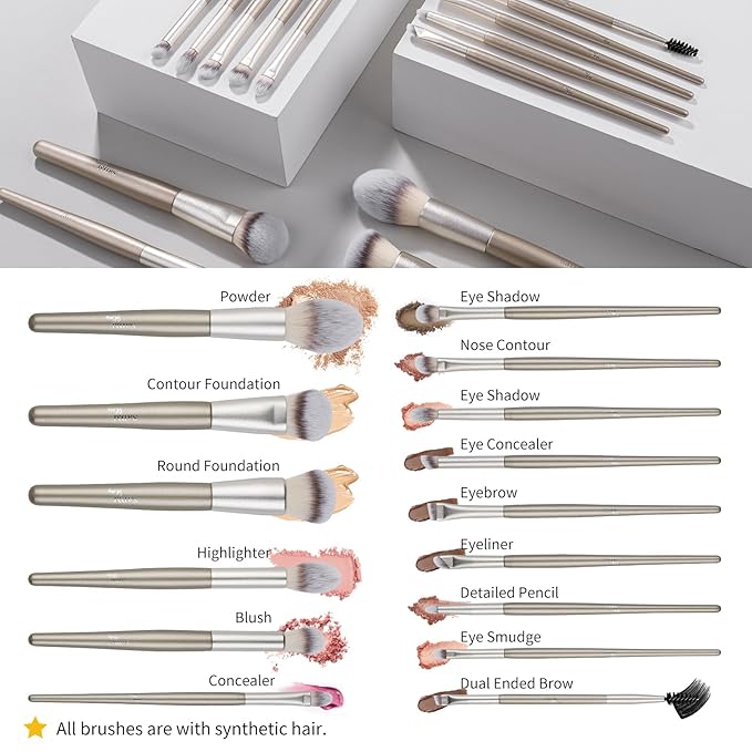 15 Pcs Makeup Brushes Set Vegan Foundation Concealers Blush Eyeshadow Eyeliner Powder Highlighter Blending Face Brush Set