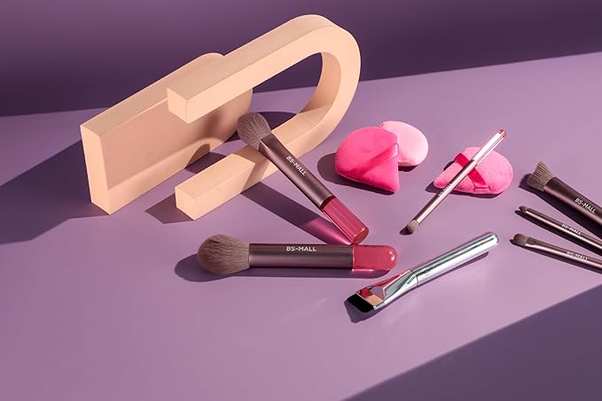 BS-MALL 21 Pcs Professional makeup brush set with foundation brush for liquid Makeup, eyeshadow Brush, concealer brush - Includes 6 Triangle Puffs & case for Even, Multi-purpose application (Pink)