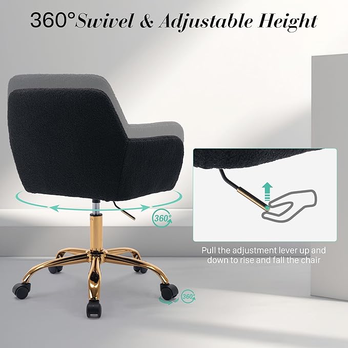 Faux Fur 360°Swivel Desk Chair, Modern Height Adjustable Home Office Armchair with Golden Base for Teens Women Girls, Upholstery Computer Chair for Home Studios, Sherpa & Black