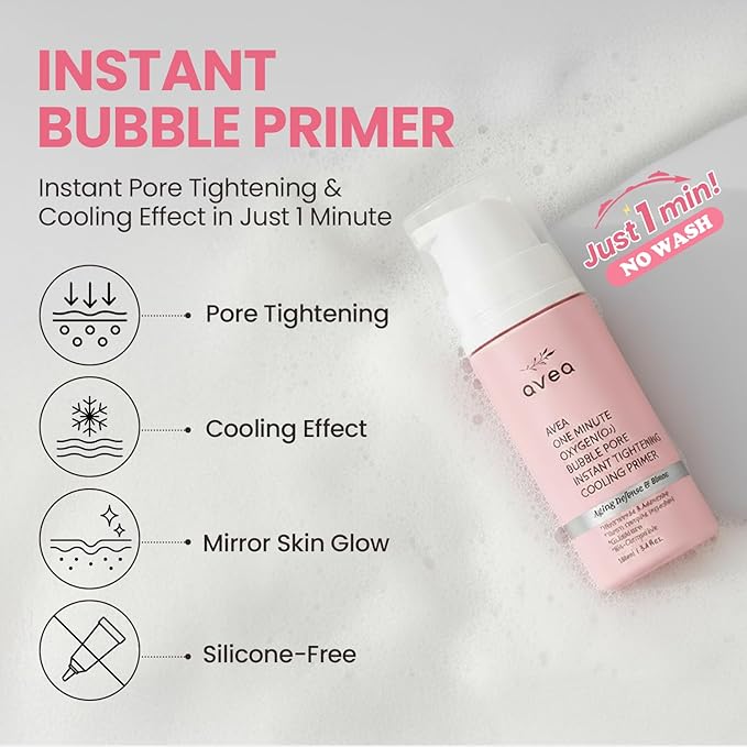 AVEA 1 Minute Bubble Primer – Smoothing, Hydrating & Illuminating Makeup Base with Niacinamide & 12 Peptides, K-Beauty Instant Primer for Radiant, Pore-Refined & Glow Skin, 1.014 fl oz / 30ml