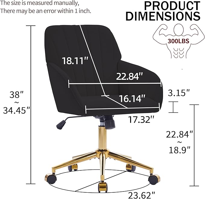 YITAI Velvet Office Desk Chair with Wheels and Gold Base,Modern Height Adjustable 360 Degree Swivel Upholstered Vanity Chairs with Arms for Living Room Bedroom, Study,Black