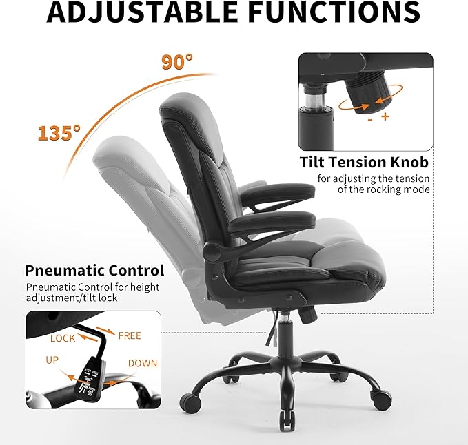 Home Office Ergonomic Desk Chair - Comfy Leather Executive Chair with Flip-Up Armrests, Lumbar Support, 360° Swivel & Rocking(Black)