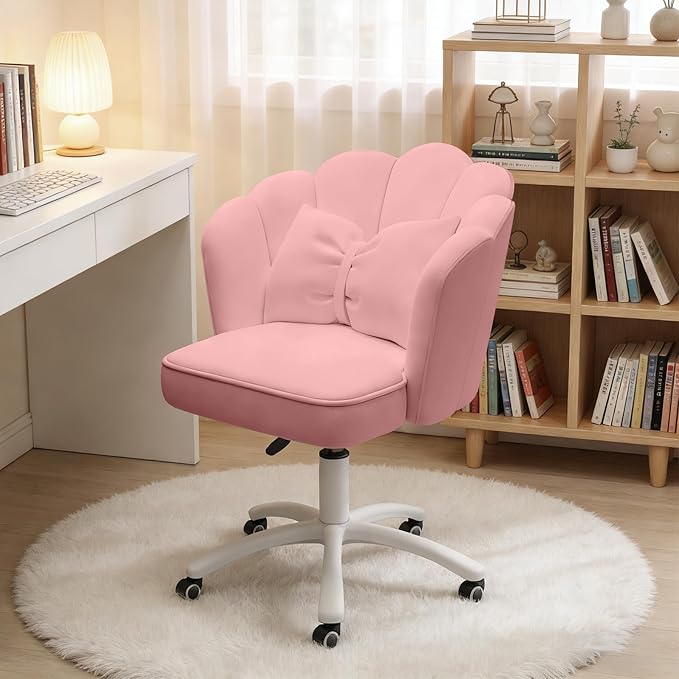Home Office Desk Chair Swivel Rolling Vanity Chair with Silent Wheels and Comfortable Back, Adjustable Height Upholstered Computer Task Chair for Makeup, Bedroom