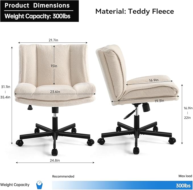 LEAGOO Criss Cross Chair with Wheels, Furry Armless Desk Chair, Comfy Wide Seat Cross Legged Office Chair, Stylish Height Adjustable Cute Swivel Vanity Chair for Home Office, Make Up, Cream White