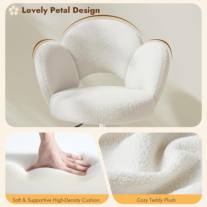 Flower Vanity Chair, Cute Petal Desk Chair with Wheels, Height Adjustable & Armless Swivel Makeup Task Chair for Relaxation, Study, White