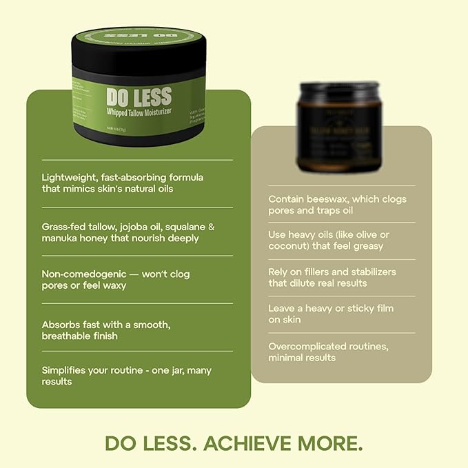 Do Less Whipped Beef Tallow Cream. Grass-Fed, All-Natural Moisturizer with Manuka Honey, Jojoba Oil & Vitamin E for Face and Body Nourishment, 4oz