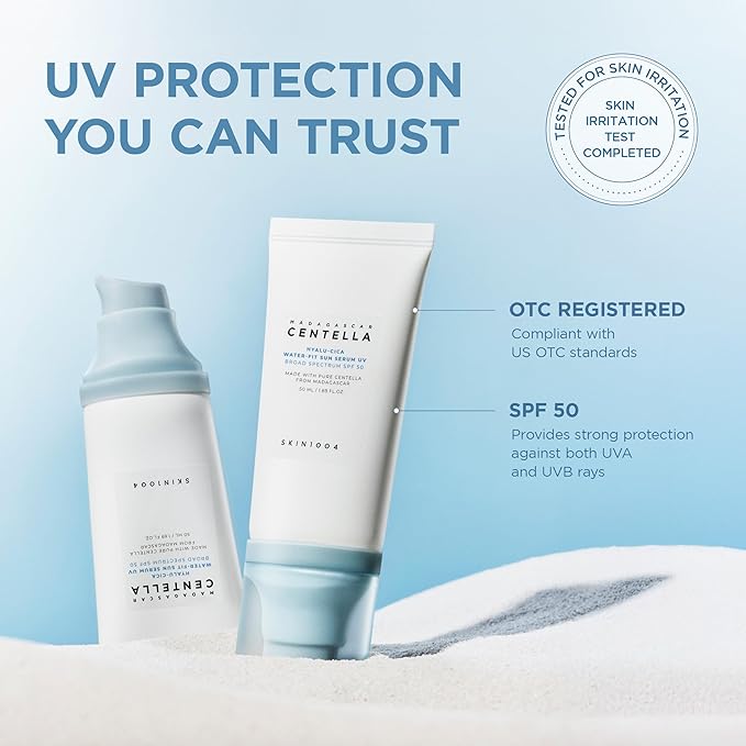 SKIN1004 Centella Hyalu-Cica Water-Fit Sun Serum UV, Korean Sunscreen SPF 50, Centella Sunscreen, Travel Essentials, Sunscreen with Hyaluronic Acid, No White Cast, Korean Skin Care, 1.69 fl.oz / 50ml